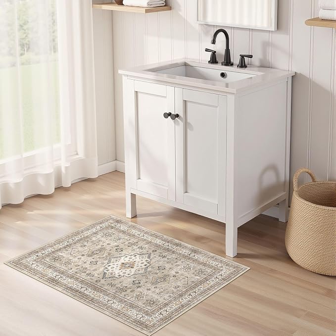 Vintage Living Room Area Rug 2x3 - Large Soft Washable Oriental Traditional Distressed Farmhouse Rugs for Bedroom - Indoor Floor Accent Carpet for Home Office House Decor - Beige