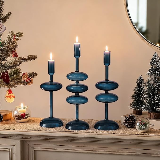 LemonRoad Glass Taper Candle Holders Set of 3, Bubble Candlestick Holders for Table Centerpiece, Elegant Wavy Stacked Geometric Candleholders for Wedding, Dinner, Party, Home Decor(Deep Blue)
