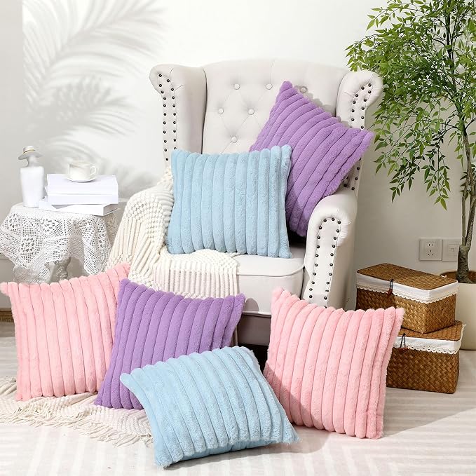 Mixweer 6 Pcs Back to School Faux Fur Plush Throw Pillow Covers 18x18 Inch Pastel Fluffy Decorative Striped Pillow Covers with Velvet Back for Sleepover Slumber Party Tent, Sofa, Classroom Home Decor