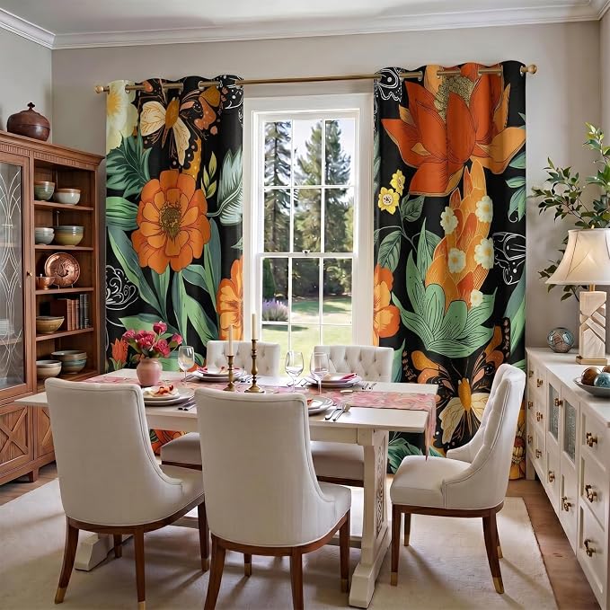 Orange Boho Floral Blackout Curtain, Mid Century Vintage Flower Botanical Curtains, Dark Aesthetic Art Grommet Drapes 2 Panels, Farmhouse Bedroom Living Room Decor 52X84 Inch