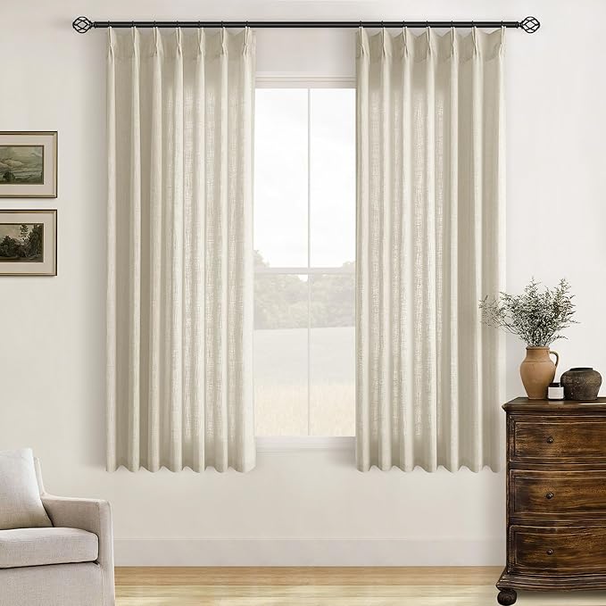 Beige Pinch Pleated Linen Curtains 63 Inches Long 2 Panels for Living Room Bedroom Memory Trained Semi Sheer Pleat Drapes with Hooks Rings Light Filtering Dining Room Cabin Window Curtain 40x63