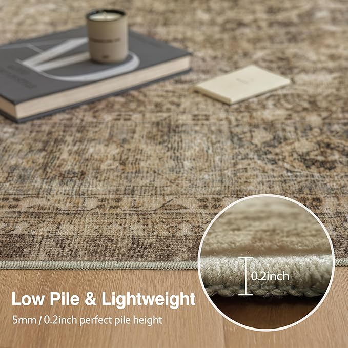 FMFUNCTEX 5ft Round Washable Area Rug Brown Vintage Neutral Distressed Non Slip Carpet for Living Room Bedroom Soft Low Pile Indoor Mat Retro Floral Throw Rug for Dining Room Office Nursery Bedside