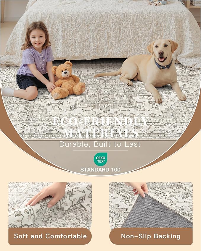 Madane Hallway Runner Rug 3x10 Washable Kitchen Runners 10ft, Beige/Brown | Vintage Non-Slip Entryway Area Rugs Indoor, Soft Low-Pile Farmhouse Wide Floor Carpet for Bathroom Living Room Bedroom Foyer
