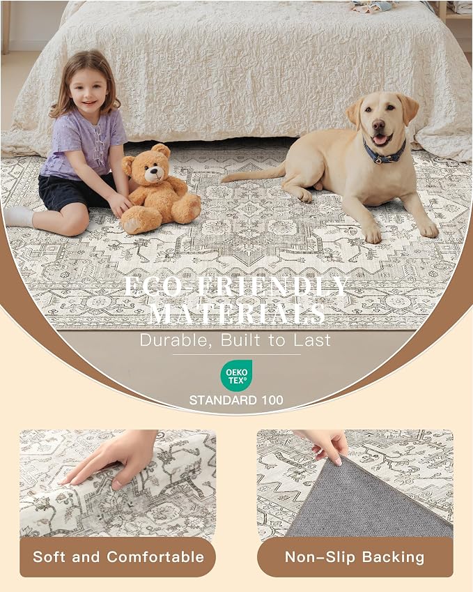 Madane Washable Runner Rug - 2x6 Rug Runners for Hallways 6 Foot Non Slip Vintage Kitchen Runner Rug Ultra-Thin Bathroom Runner Rugs Carpet Laundry Room Bedroom (2x6ft, Beige/Brown)