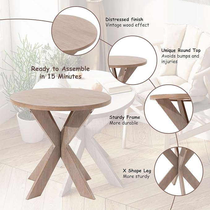 COZAYH Set of 2 Farmhouse Cross Leg end Table, French Country Accent Side Table for Family, Dinning or Living Room, Small Spaces, Modern, Round, Vintage Grey Finish. (2 Pack)
