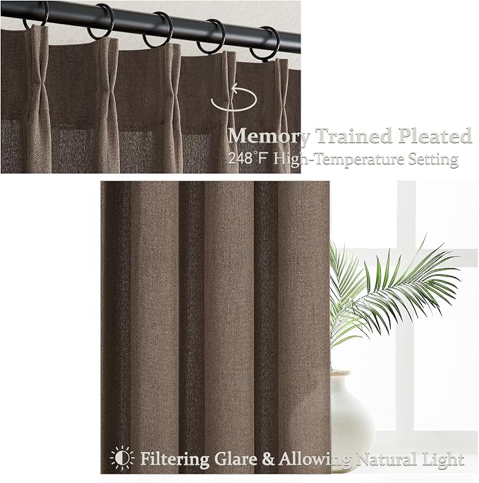 Memory Trained Pinch Pleated 102 Inch Extra Long Curtains for Dining Room, Dark Brown Flax Linen Semi Sheer Privacy Nursery Drapes 2 Panels Set Light Filtering Kids Room Cottage Core Window Curtain