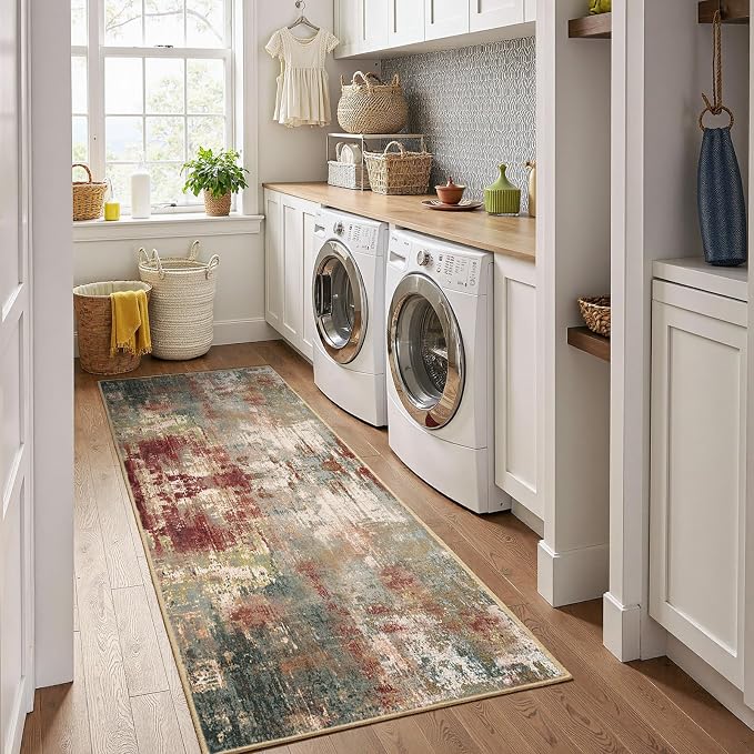 RELEANY Washable Area Rugs 2'x6' Non-Slip Modern Abstract Soft for Living Room Entryway Bedroom Kitchen, Print Pattern, Brown Rust Red Green Blue Multi