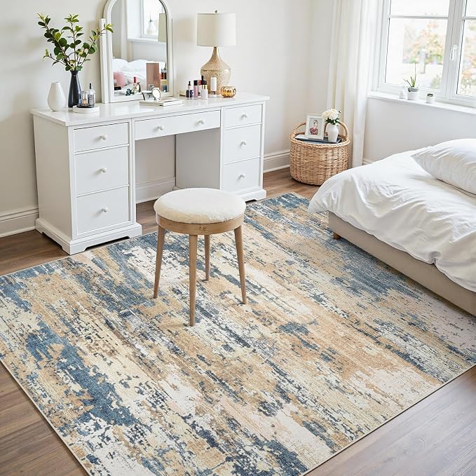 Area Rugs 5x7 Living Room: Large Soft Washable Rug Modern Abstract Anti-Skid Non-Shedding Carpet Indoor Floor Thin Carpets for Bedroom Dining Room Farmhouse Nursery Home Office Brown Blue