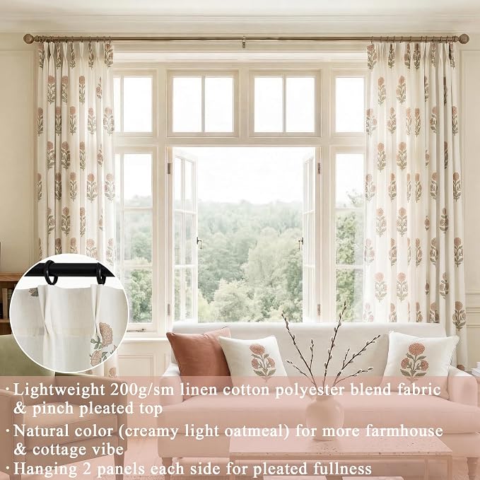 Pink Floral Curtains for Nursery & Girls Bedroom, Vintage Girly Cottage Core Linen Light Filtering Sheer Patterned Drape, Pinch Pleated Boho Block Print Feminine Curtains for Office Window Living Room