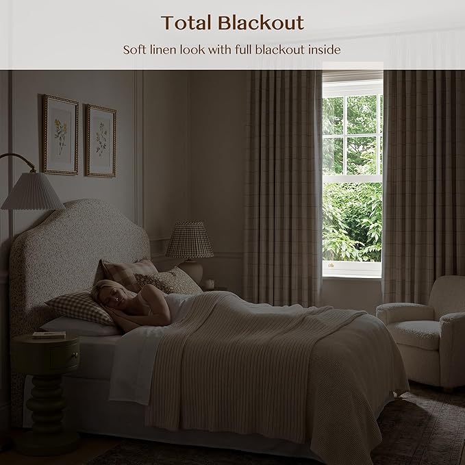 THREE GIRLS Pinch Pleated Plaid Curtains Blackout Linen Gingham Brown Curtains for Living Room,Bedroom Checkered 100 Inches Long Double Layer 2 Panels Set Luxury and Modern Printed Design Darkening