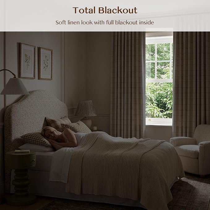 THREE GIRLS Pinch Pleated Plaid Curtains Blackout Linen Gingham Grey Curtains for Living Room,Bedroom Checkered 95 Inches Long Double Layer 2 Panels Set Luxury and Modern Printed Design Darkening