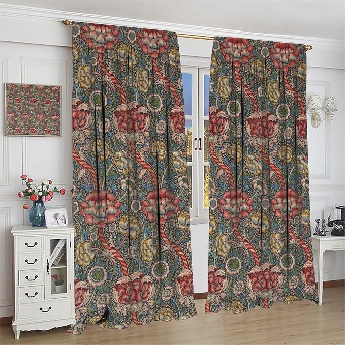 William Morris Blackout Curtains, Vintage Flower Flower Boho Botanical Plant Print Window Drapes, for Living Room Bedroom Kitche 42(W)*84(L) 2 Panels