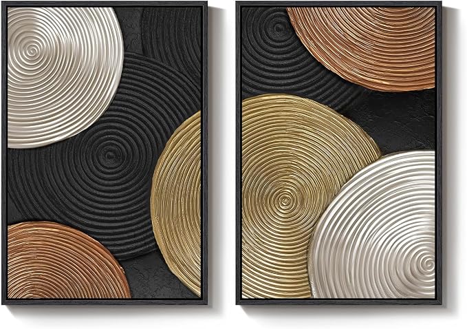Large Framed Abstract Circles Wall Art Set of 2 for Living Room, Modern Minimalist Neutral Gold Black Beige Canvas Artwork for Walls, Luxury Painting Print Wall Decor for Bedroom Office, 24x36 Inch