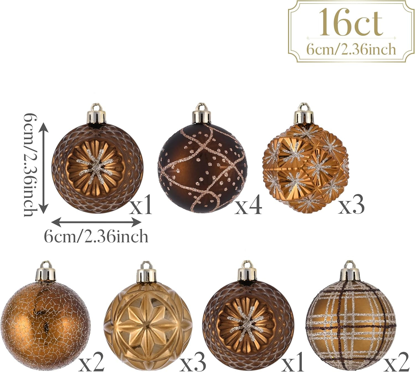 Valery Madelyn Fall Ornaments for Christmas Trees, 16ct Bronze Copper Brown Gold Shatterproof Fall Christmas Tree Decorations, 2.36 Inches Luxury Hanging Ball Ornaments for Thanksgiving Autumn Harvest