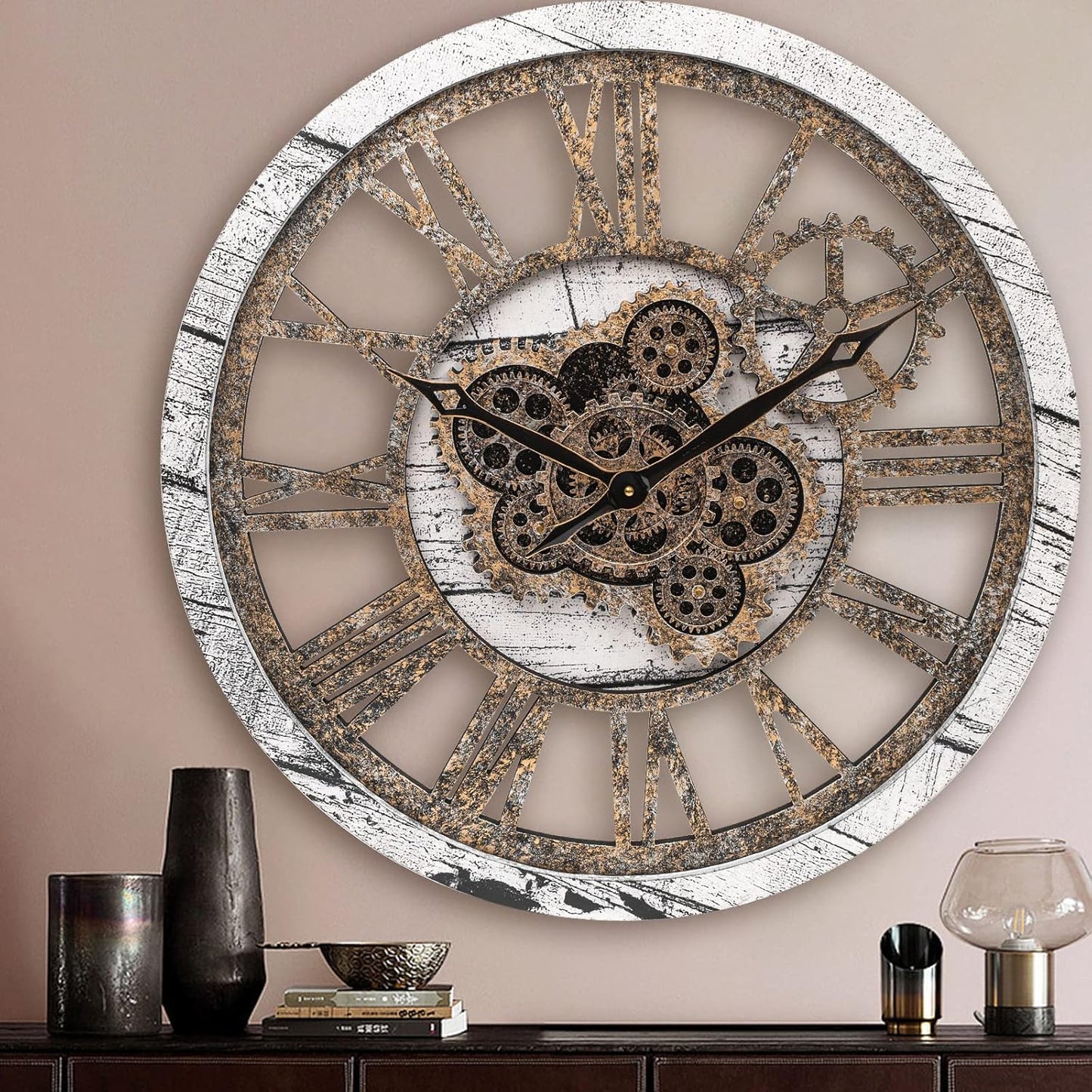 HOIBAI Large Wall Clock, 20 Inch Wall Clocks for Living Room Decor Farmhouse Vintage Rustic Kitchen Wall Decor Vintage Roman Big Oversized Wall Clock for Home Bedroom House Office, Moving Gears Clock