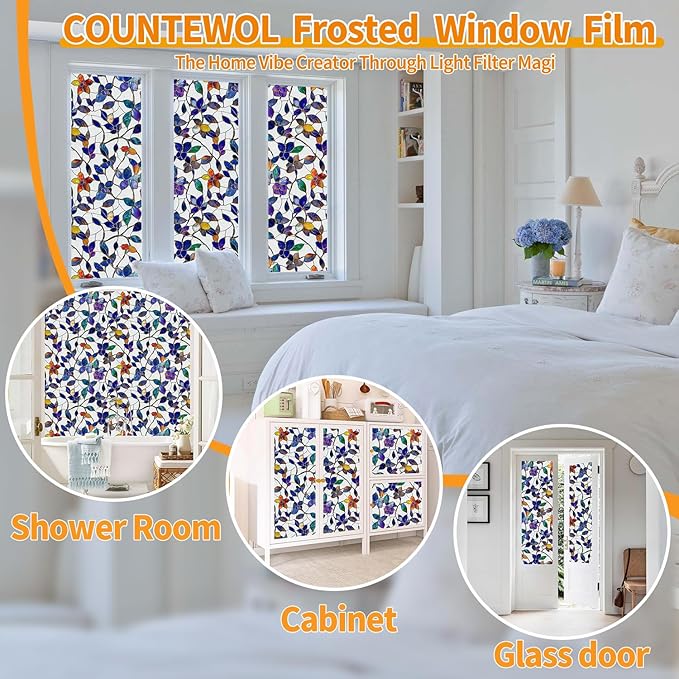 COUNTEWOL Window Privacy Film with Installation Tools Home Decorative Colored Glass Window Stickers Reusable electrostatic Rainbow Stickers (Frosted Stained Leaf, 23.6 x 78.7 in)