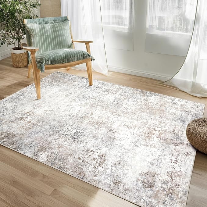 Srugn Washable Rugs 4x6 Area Rugs for Living Room,Bedroom,Kids Room,Nursery- Soft Faux Wool Small Carpets,Non Slip&Non-Shedding Low Pile Vintage Print Rugs for Enterway,Home Office Decor-Beige Grey