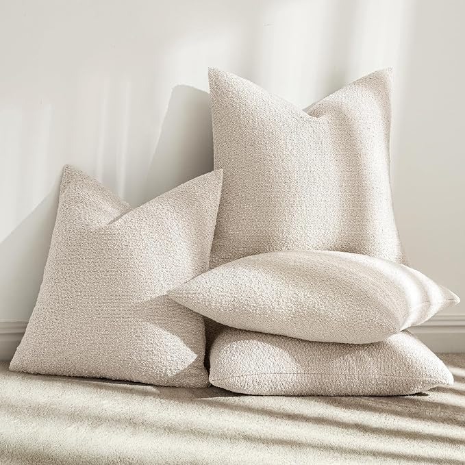 MIULEE Pack of 4 Decorative Textured Boucle Throw Pillow Covers | 20x20 Inch Beige Accent Solid Pillow Cases Soft Couch Cushion Covers for Modern Farmhouse Boho Sofa Bed Livingroom Home Decor
