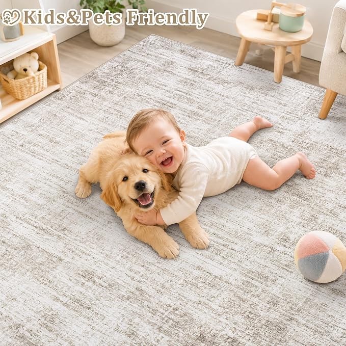 9x12 Area Rugs for Living Room Washable Rugs Neutral Abstract Large Rug Soft Modern Carpet Non-Slip Stain Resistant Low Pile Rug for Bedroom Dining Room Nursery Home Office Under Table Area Rug Brown