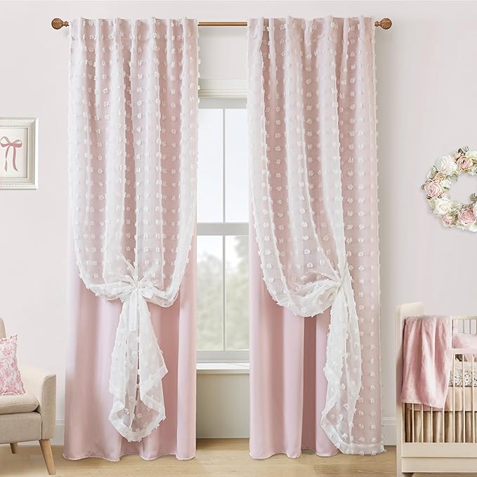 Lino Rosa Kids Blackout Curtains 96 Inches Long for Princess Girls Bedroom,Baby Pink Ruffle Pom Pom Dreamy Frilly Fluffy Black Out Curtains for Nursery 2 Panel Set