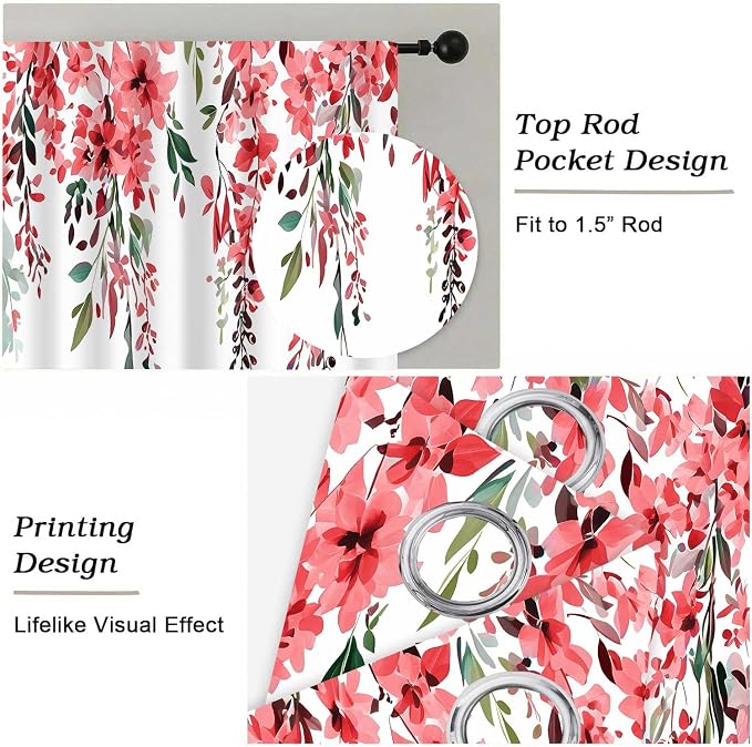 Red Watercolor Floral Curtains, Botanical Leaves Vine Flowers Curtain, Rustic Farmhouse Flower Leaf Blackout Window Treatment Drapes for Bedroom Living Room 42x90 inch, 2 Panels