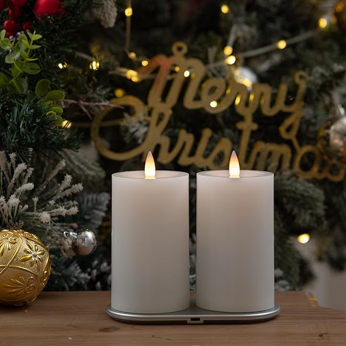 Real Wax Rechargeable Flameless Pillar Candle with Remote Timer, White 3D Moving Flame Led Pillar Candles (3"x5")