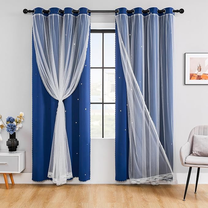 XiDi Blackout Curtains for Bedroom & Living Room - Double Layer, 84 Inch Long Navy Blue Unicorn Curtains for Kids & Girls Room
