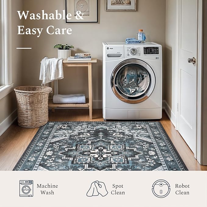 Rugflix 4x6 Area Rugs Machine Washable, Dark Navy Blue Carpet for Living Room, Oriental Indoor Area Rug Low Pile, Large Soft Thick Carpets Non Slip, Farmhouse Vintage Rug for Bedroom Dining Room