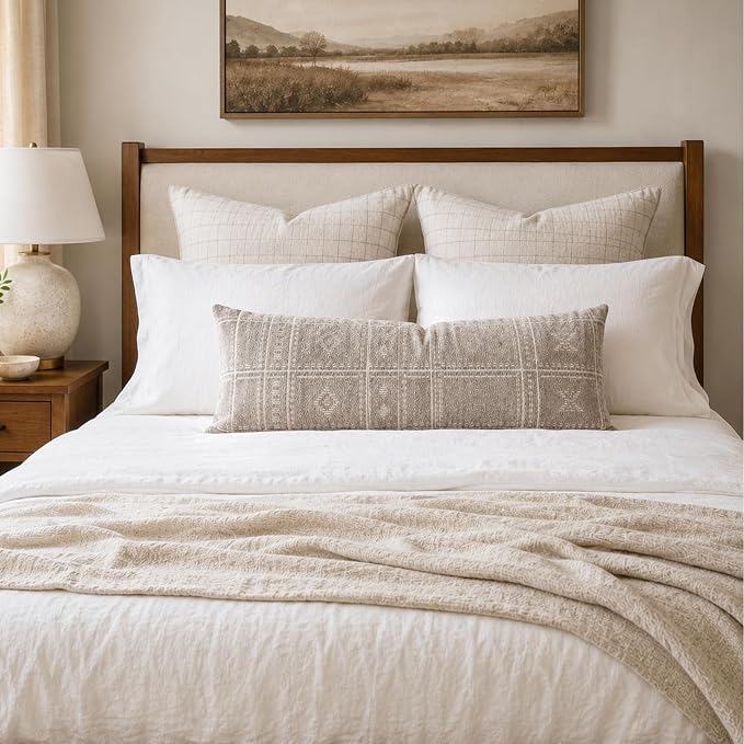 BlissBlush Decorative Lumbar Pillow Cover 14x36, Long Decorative Throw Pillow for Bed, Taupe Boho Textured Chenille Accent Pillowcase for Bedroom Home Décor (Cover Only)