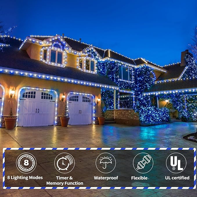 200ft LED Rope Lights Outdoor, 1440 LED Flexible Tube Lights with 8 Modes, Waterproof LED Rope Lighting for Outside Garden Patio Bedroom Party Pool Fences Indoor Outdoor Christmas Decor (White & Blue)
