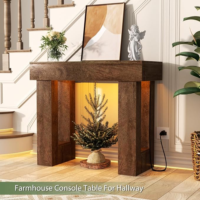 Unikito 39" Entryway Table with Socket and Sensor Light, Narrow Console Table with Storage Behind Couch, Farmhouse Entryway Table for Hallway, Behind the Couch, Living Room, Foyer, Rustic Oak