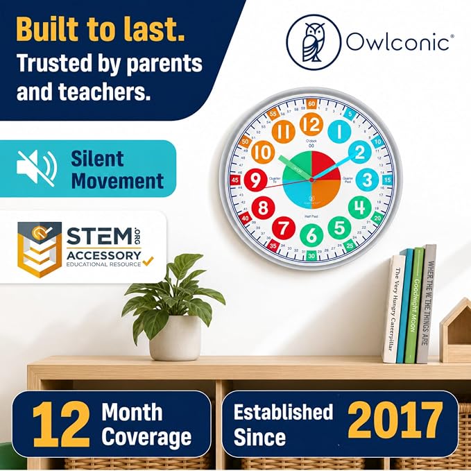 OWLCONIC Clock for Kids – Educational Analog Learning Wall Clock, Non Ticking Teaching Clock for Classroom & Homeschool, Silent Kids Bedroom Décor Bright