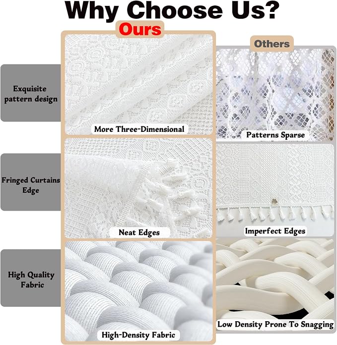 Sutuo Home White Boho Lace Kitchen Curtains 54 inches Long, Cottagecore Semi Sheer Privacy Crochet Vintage Tassels Bohemian Window Cream Curtains Drape for Nursery Decor Rod Pocket, 2 Panels 50" W