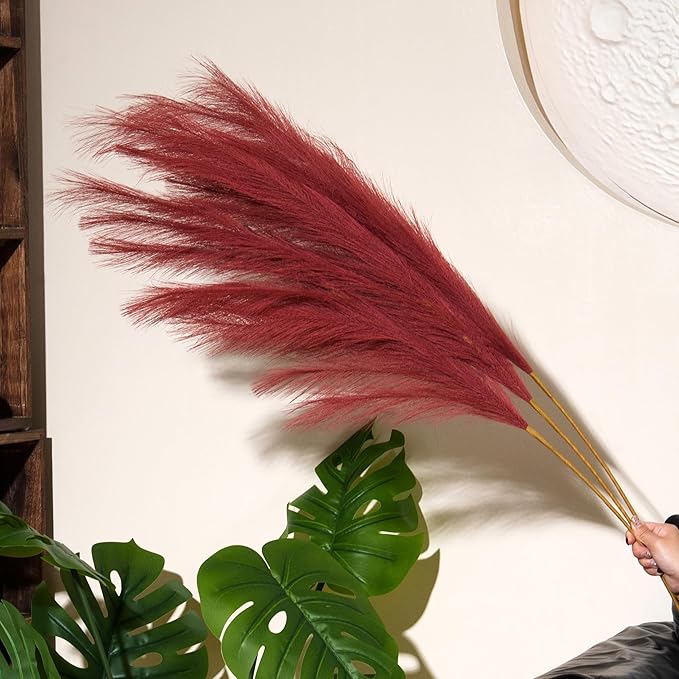 Premium Faux Ruby Red Pampas Grass – 43.3" Tall Fluffy Vibrant Decor, 8pcs 18-Branch One-Piece Stems No Assembly, Luxury Silk-Feel Feather Flowers for Bold Boho Decor, Jewel Tone Red 8 Stems110cm