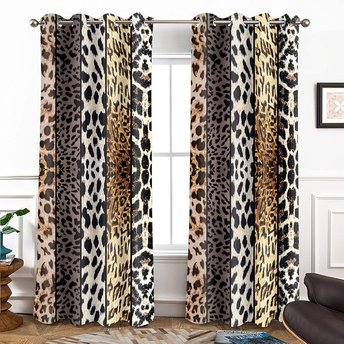 Wild Animal Print Curtain, Room Darkening Thermal Insulated Blackout Leopard Boa Window Drapes with Grommets for Living, Dining, Bedroom, Grey Leopard Print, 52"x 84", 2 Panels