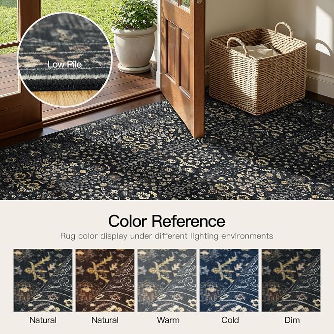 Lofus 9x12 Large Black Area Rug for Living Room & Bedroom Washable Non-Slip | Soft Boho Vintage Area Rugs for Bedroom Dinning Room Home Office Indoor
