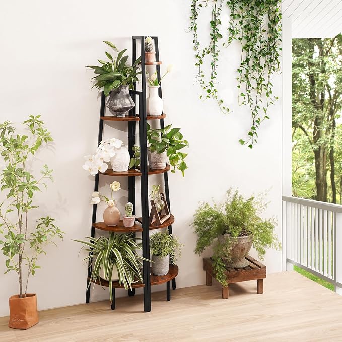 Yoobure 5‑Tier Corner Shelf – Sturdy Metal Frame & Wood Ladder Bookshelf, Space‑Saving Display Shelves for Plants & Books, Easy Assembly, for Bedroom, Living Room, Office, Balcony