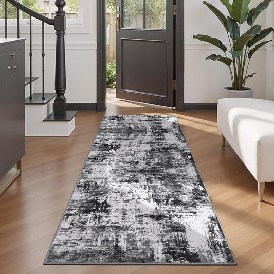 Rugflix 2x8 Runner Rug for Entryway, Kitchen Rugs Soft Non-Slip Washable Runners for Hallway, Abstract Small Carpet with Non-Slip Backing for Bedroom, Living Room, Black Grey