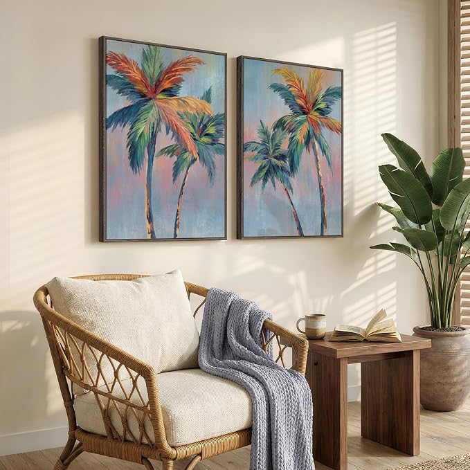 Framed Colorful Coastal Palm Tree Wall Art Bedroom, Set of 2 Tropical Beach Canvas Prints Artwork for Walls, Large Pop Art Coastal Paintings Pictures for Living Room Hallway Wall Art Decor, 20x30 Inch