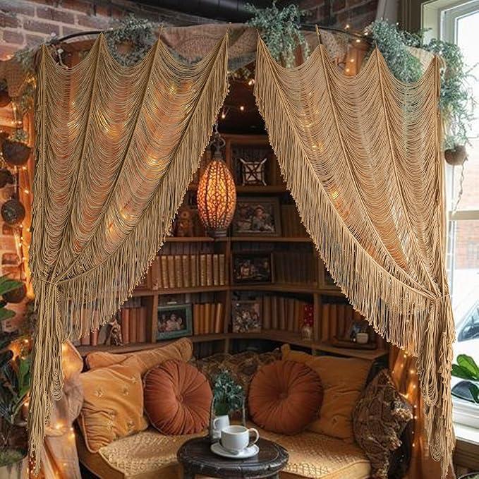 Flber 2 Panels Macrame Curtains Brown 59" W x 75" H Light Filtering Window Curtains Semi Sheer Drapes Room Divider Door Curtain, Wedding Backdrop Soft Neutral Window Treatment for Living Room Bedroom