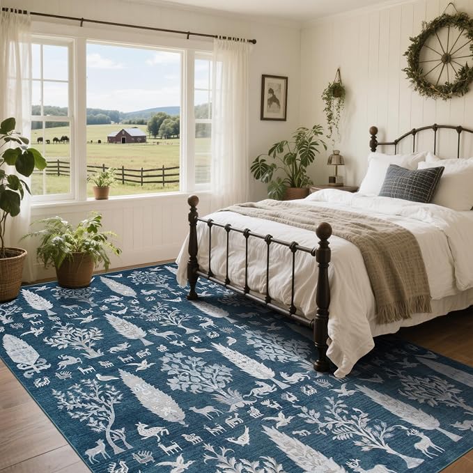 Srugn Washable Rugs 8x10 Area Rugs for Living Room,Bedroom,Dining Room- Large Ultra Soft Faux Wool Retro Carpet,Non Slip&Non-Shedding Low Pile Vintage Print Rug for Home Office Dorm Playroom-Blue