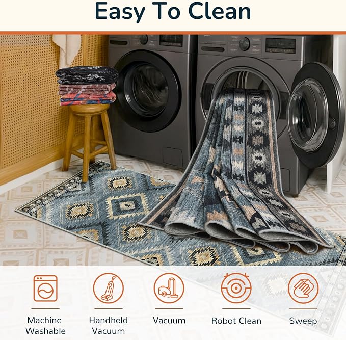 BESTSWEETIE Area Rug 6x9 Rug Machine Washable Rug Non-Slip Low Pile Print Pattern Western Rug for Living Room Bedroom Entryway Tribal Series -Navy/Grey