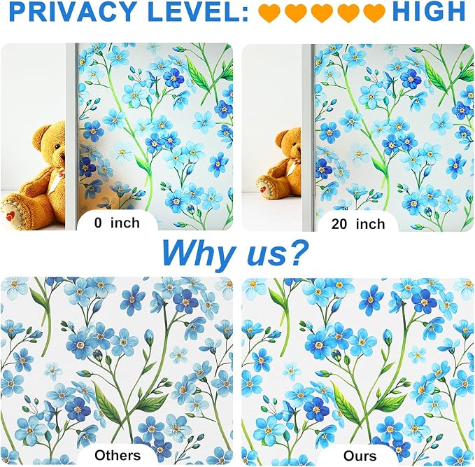 SOMWISE Frosted Glass Window Privacy Film with Tools, Heat Blocking, Anti-UV, Anti-Glare, Static Cling, Decor for Home Bathroom Door, Renter Friendly, Removable, Reusable, Blue 35Inchx78.5Inch