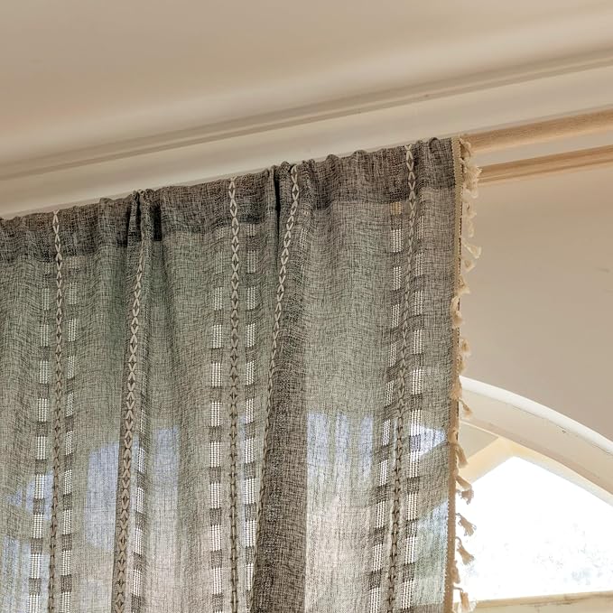 Deeprove Dark Grey Boho Curtain 63 inches Length for Living Room Bedroom Nursery, Chic Bohemian 63 inches Long Abstract Stripe Embroidery Privacy Window Fringe Decor W52 x L63, Single 1 Panel