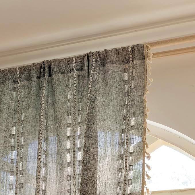 Deeprove Dark Gray Boho Curtain 84 inches Length for Living Room Bedroom Nursery, Bohemian 84 inches Long Art Deco Stripe Sheer Cotton Linen Charocoal Grey Emroidery with Tassel, W52xL84, 1 Panel