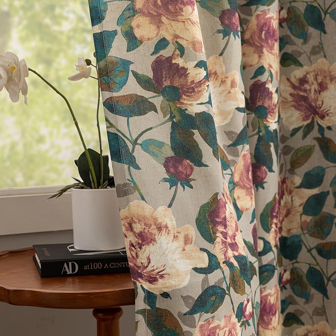 ALIGOGO Floral Kitchen Curtains 54 Inch Length, Cottage Semi-Blackout Flower Curtains for Small Window, Light Filering Grommet Floral Drapes 2 Panels, 50W x 54L Inch, Taupe