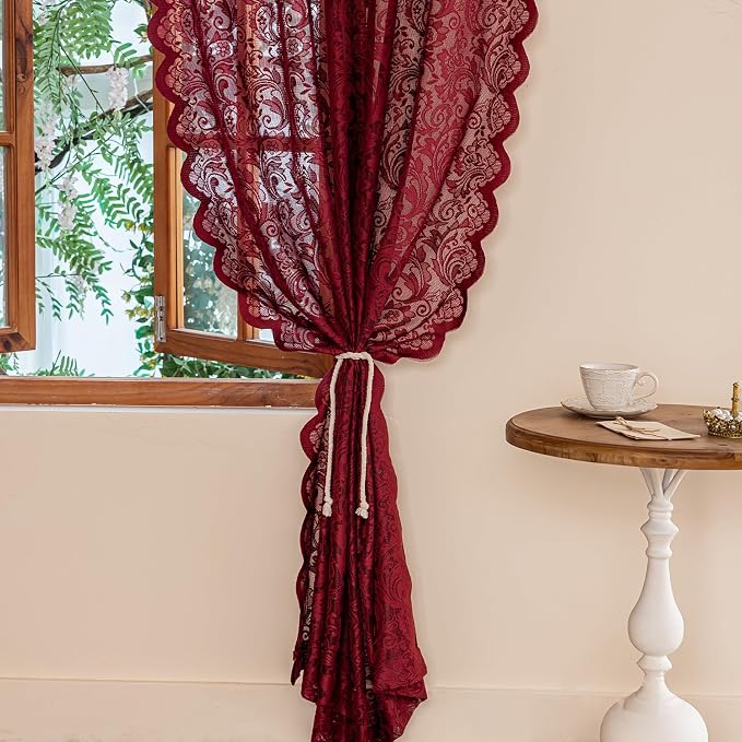 ALIGOGO Wine Red Lace Curtains 108 Inche Long Set of 2, Modern Sheer Burgundy Curtains for High Ceiling Dining Room, French Romantic Rod Pockert Privacy Window Treatments Neutral Decor, 52x108