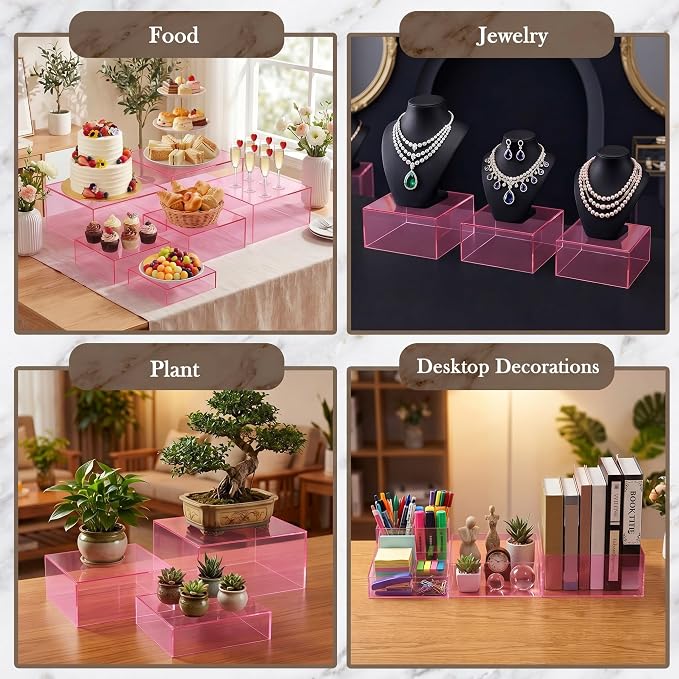 Geelin 6 Pack Acrylic Risers for Display Acrylic Cube Boxes Risers Display Stands with Hollow Bottoms Decorative Stand for Jewelry Candy Table Decor 6 Sizes (Clear Pink,7 to 12 Inch,Square)