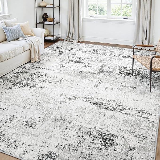 Area Rugs 6x9 Living Room: Large Modern Abstract Washable Rug Soft Anti-Skid Non-Shedding Carpet Indoor Floor Thin Carpets for Bedroom Dining Room Farmhouse Nursery Home Office White Grey Black