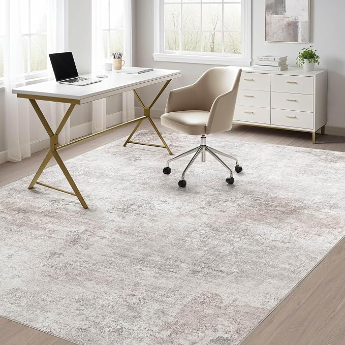 Abstract 8x10 Area Rug: Machine Washable Non Slip Ultra Thin Low-Pile Carpet, Soft Stain Resistant for Living Dining Room Bedroom, Kid Pet Friendly, Robot Vacuum Compatible - Brown Grey